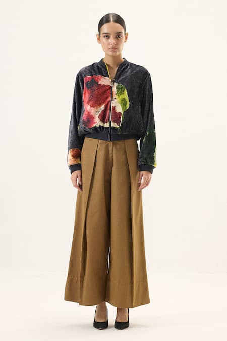 Kharakapas_Black Velvet Round Neck Graphite Bomber Jacket _at_Aza_Fashions