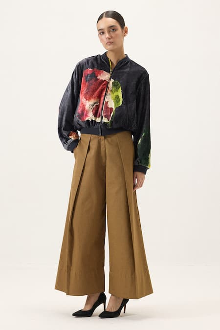 Buy_Kharakapas_Black Velvet Round Neck Graphite Bomber Jacket 