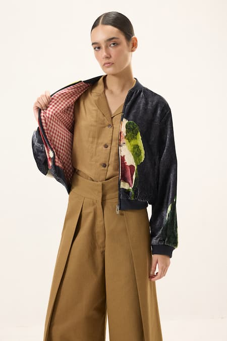 Shop_Kharakapas_Black Velvet Round Neck Graphite Bomber Jacket 