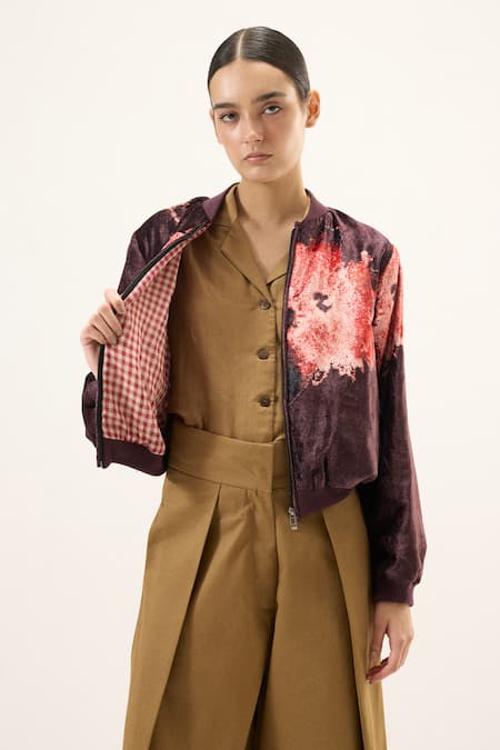 Kharakapas_Purple Velvet Round Neck Plum Blossom Bomber Jacket _Online_at_Aza_Fashions
