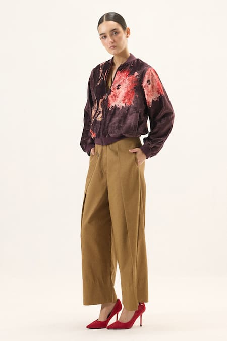 Kharakapas_Purple Velvet Round Neck Plum Blossom Bomber Jacket _at_Aza_Fashions