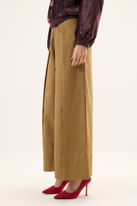 Kharakapas_Brown Twill Sandfall Pleated Pant _Online_at_Aza_Fashions