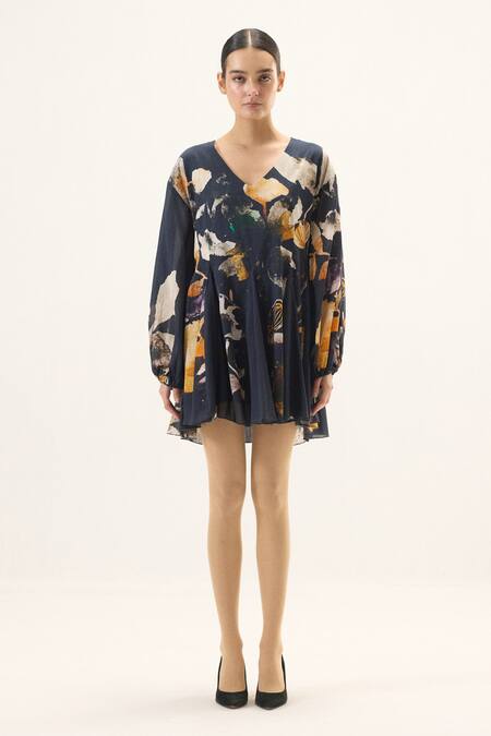Kharakapas_Blue Muslin V-neck Ink Shade Floral Print Dress _Online_at_Aza_Fashions