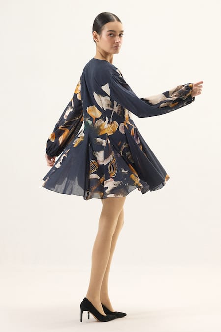 Shop_Kharakapas_Blue Muslin V-neck Ink Shade Floral Print Dress _Online_at_Aza_Fashions