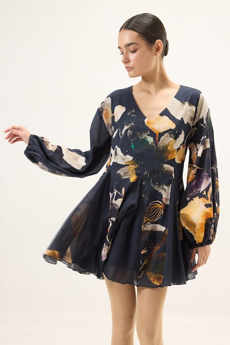 Kharakapas Ink Shade Floral Print Dress