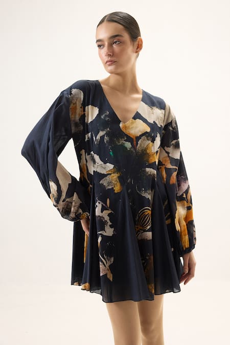 Kharakapas_Blue Muslin V-neck Ink Shade Floral Print Dress _at_Aza_Fashions