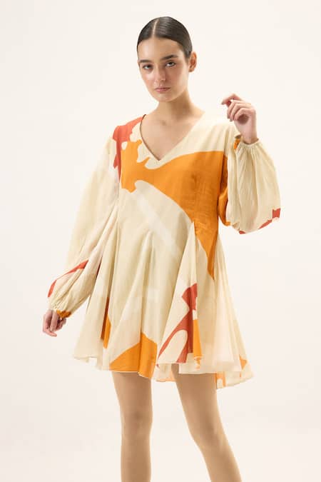 Kharakapas Apricot Puff Sleeve Dress 