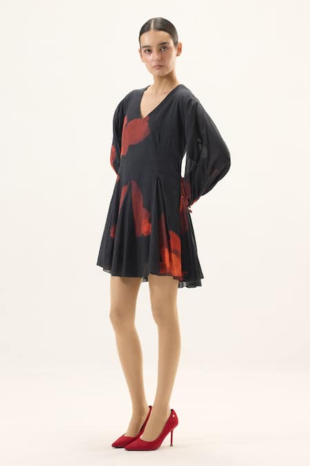 Kharakapas_Black Muslin V-neck Fleur Puff Sleeve Dress _Online_at_Aza_Fashions