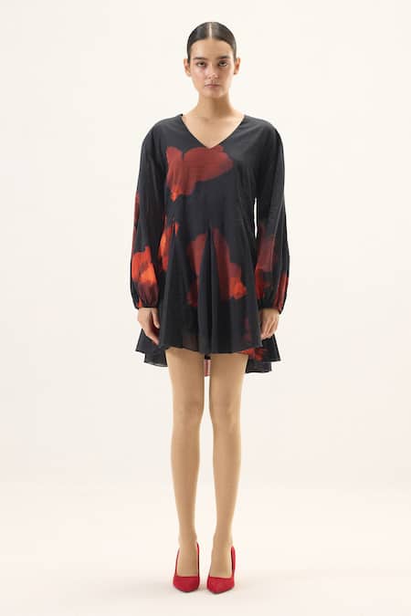 Buy_Kharakapas_Black Muslin V-neck Fleur Puff Sleeve Dress _Online_at_Aza_Fashions