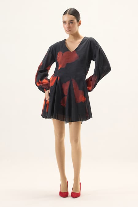 Shop_Kharakapas_Black Muslin V-neck Fleur Puff Sleeve Dress _Online_at_Aza_Fashions