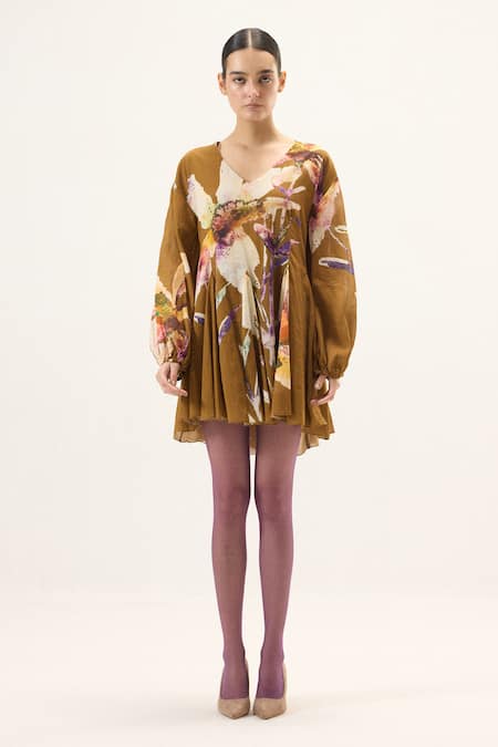 Shop_Kharakapas_Brown Muslin V-neck Grain Floral Print Dress _Online_at_Aza_Fashions