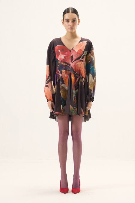 Kharakapas_Multi Color Muslin V-neck Kaleido Floral Print Dress _Online_at_Aza_Fashions