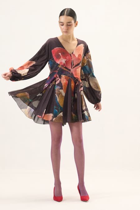 Buy_Kharakapas_Multi Color Muslin V-neck Kaleido Floral Print Dress _Online_at_Aza_Fashions