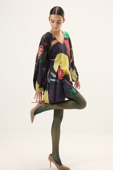 Buy_Kharakapas_Multi Color Muslin, Cotton V-neck Grape Printed Dress _Online_at_Aza_Fashions