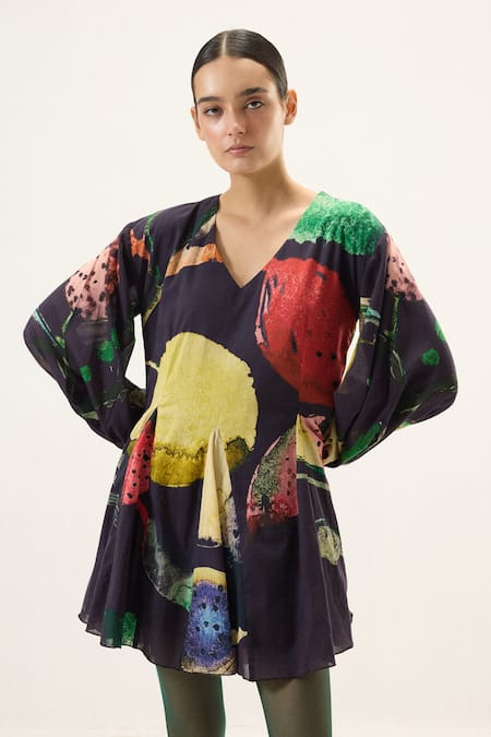 Shop_Kharakapas_Multi Color Muslin, Cotton V-neck Grape Printed Dress _Online_at_Aza_Fashions