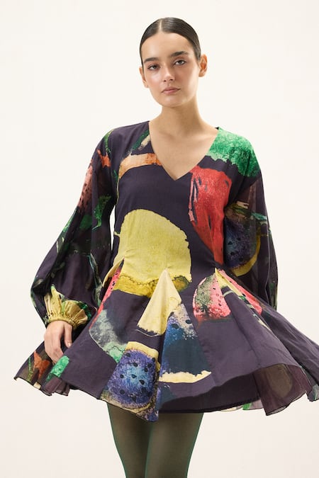 Kharakapas_Multi Color Muslin, Cotton V-neck Grape Printed Dress _at_Aza_Fashions