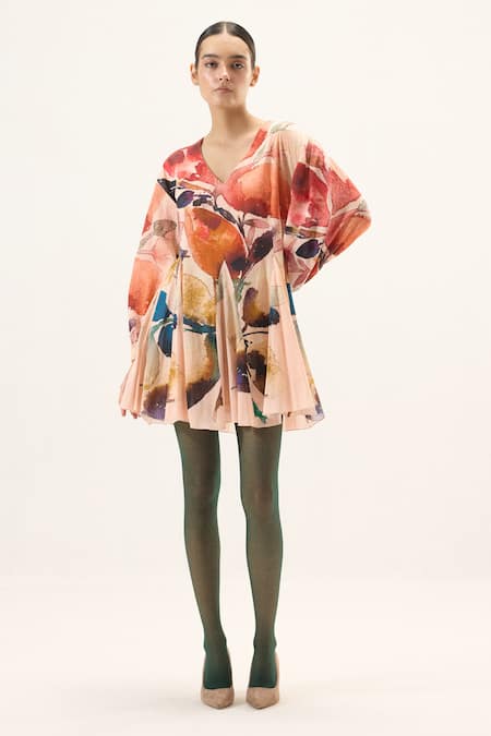 Kharakapas Pink Muslin V-neck Raspberry Floral Print Dress Online at Aza Fashions Kharakapas_Pink Muslin V-neck Raspberry Floral Print Dress _Online_at_Aza_Fashions