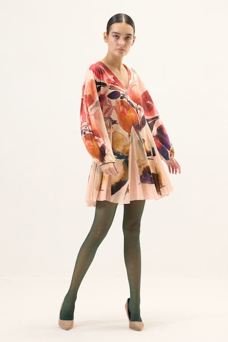 Shop Kharakapas Pink Muslin V-neck Raspberry Floral Print Dress Online at Aza Fashions Shop_Kharakapas_Pink Muslin V-neck Raspberry Floral Print Dress _Online_at_Aza_Fashions