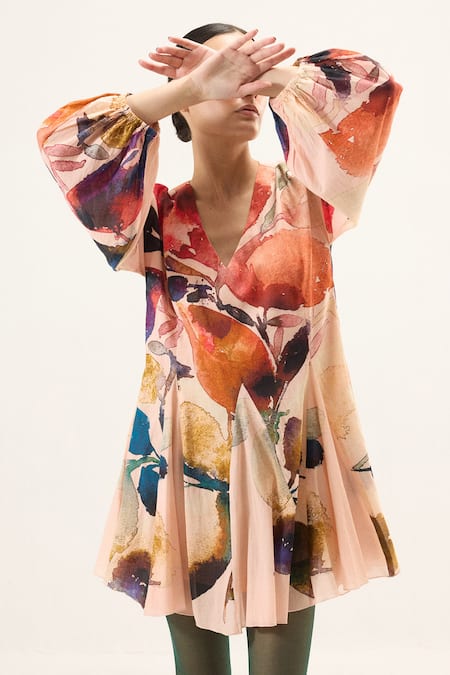 Kharakapas Pink Muslin V-neck Raspberry Floral Print Dress at Aza Fashions Kharakapas_Pink Muslin V-neck Raspberry Floral Print Dress _at_Aza_Fashions