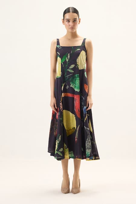 Kharakapas Multi Color Muslin Square Neck Spectrum Printed Dress Online at Aza Fashions Kharakapas_Multi Color Muslin Square Neck Spectrum Printed Dress _Online_at_Aza_Fashions