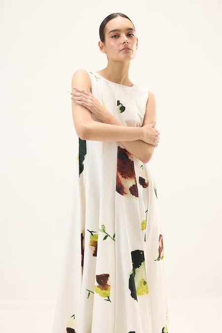 Shop_Kharakapas_White Oxford Round Neck Printed Dress _Online_at_Aza_Fashions