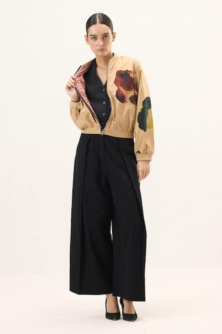 Kharakapas_Brown Oxford Round Neck Sunstone Bomber Jacket _Online_at_Aza_Fashions