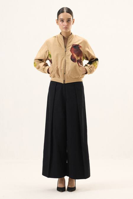 Buy_Kharakapas_Brown Oxford Round Neck Sunstone Bomber Jacket _Online_at_Aza_Fashions