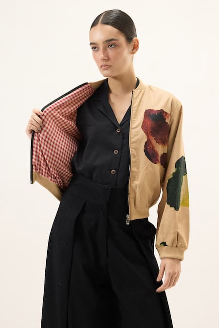 Kharakapas_Brown Oxford Round Neck Sunstone Bomber Jacket _at_Aza_Fashions