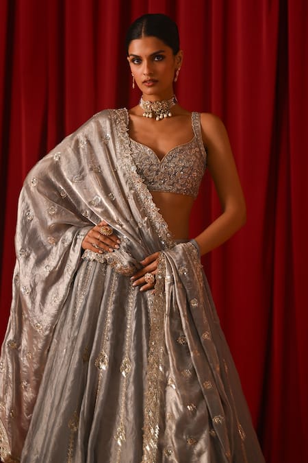 Shop_Lashkaraa_Grey Tissue Embroidery, Sequins, Zari Sweetheart Neck Lehenga Set _Online_at_Aza_Fashions