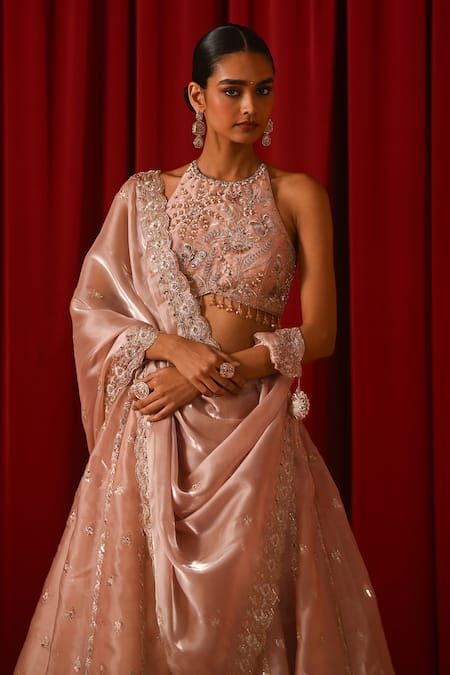 Shop Lashkaraa Blush Silk, Shantoon Zari, Sequins, Embroidery, Stones Halter Neck, Lehenga Set Online at Aza Fashions Shop_Lashkaraa_Blush Silk, Shantoon Zari, Sequins, Embroidery, Stones Halter Neck, Lehenga Set _Online_at_Aza_Fashions