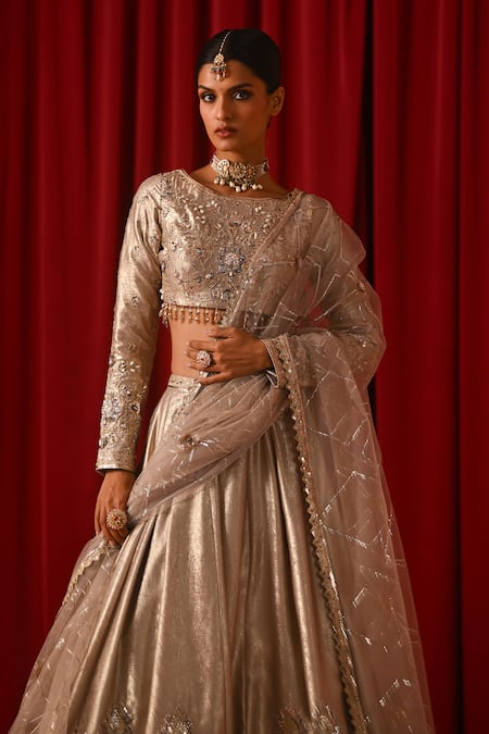 Shop_Lashkaraa_Silver Tissue Sequins, Stones, Zari, Embroidery, Metallic Thread Lehenga Set _Online_at_Aza_Fashions