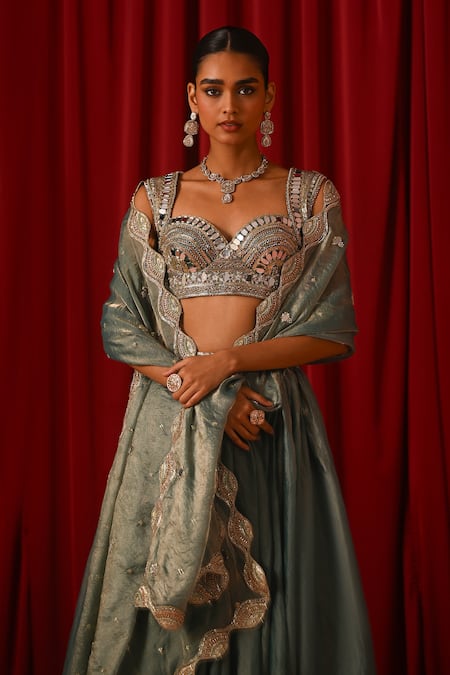 Buy_Lashkaraa_Green Satin Sequins, Zari, Embroidery Sweetheart Neck Blouse Lehenga Set _Online_at_Aza_Fashions