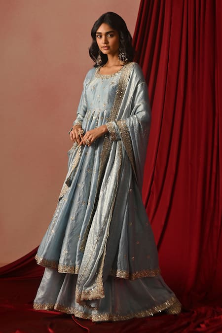 Buy_Lashkaraa_Blue Tissue Embroidery, Sequins, Zari Round Neck Anarkali Sharara Set _Online_at_Aza_Fashions