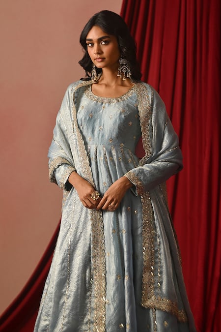 Lashkaraa_Blue Tissue Embroidery, Sequins, Zari Round Neck Anarkali Sharara Set _at_Aza_Fashions