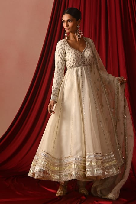 Buy_Lashkaraa_White Silk Sequins, Zari, Embroidery V-neck Anarkali Set _Online_at_Aza_Fashions