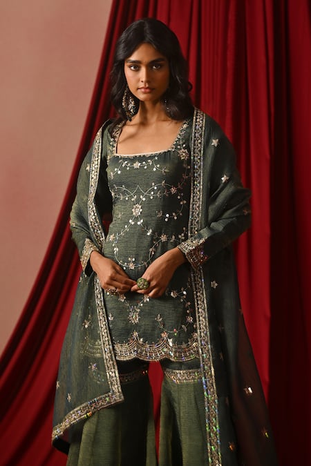 Shop_Lashkaraa_Green Tissue Embroidery, Sequins, Zari Square Neck Floral Kurta Gharara Set _Online_at_Aza_Fashions
