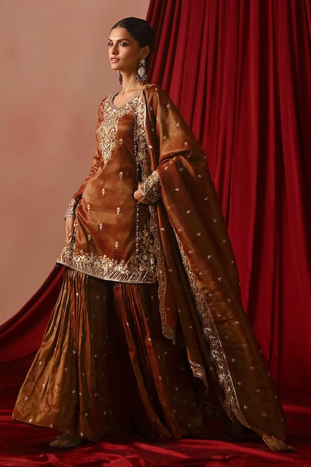 Buy_Lashkaraa_Brown Tissue Embroidery, Sequins, Zari Round Neck Floral Kurta Gharara Set _Online_at_Aza_Fashions
