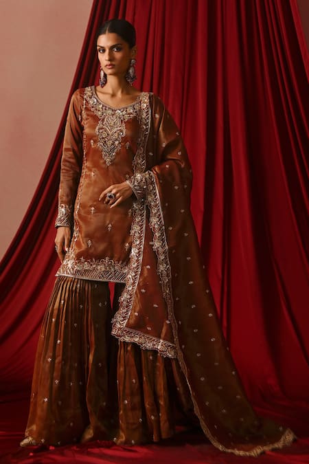 Lashkaraa Floral Embroidered Tissue Kurta Gharara Set 