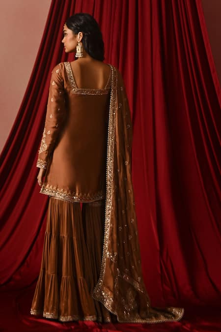 Lashkaraa Embroidered Satin Straight Kurta Gharara Set 