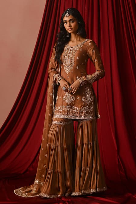 Buy_Lashkaraa_Brown Satin Embroidery, Beads, Sequins, Zari Round Straight Kurta Gharara Set _Online_at_Aza_Fashions