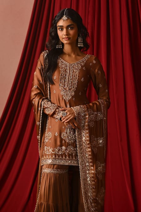 Shop_Lashkaraa_Brown Satin Embroidery, Beads, Sequins, Zari Round Straight Kurta Gharara Set _Online_at_Aza_Fashions