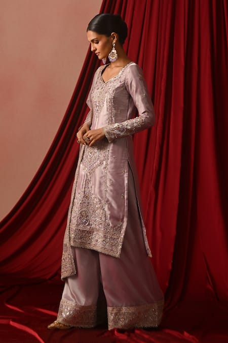 Buy_Lashkaraa_Purple Silk Sequins, Embroidery, Zari V-neck Straight Kurta Palazzo Set _Online_at_Aza_Fashions