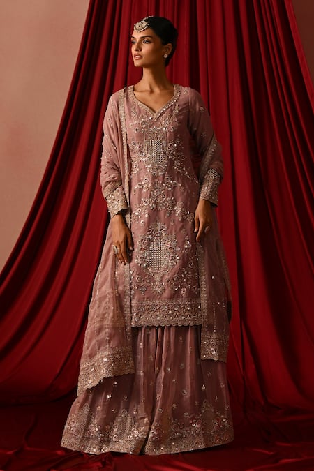 Buy_Lashkaraa_Purple Tissue Sequins, Zari, Embroidery V-neck Sharara Set _Online_at_Aza_Fashions