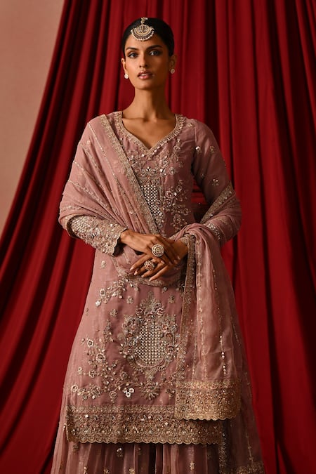 Shop_Lashkaraa_Purple Tissue Sequins, Zari, Embroidery V-neck Sharara Set _Online_at_Aza_Fashions