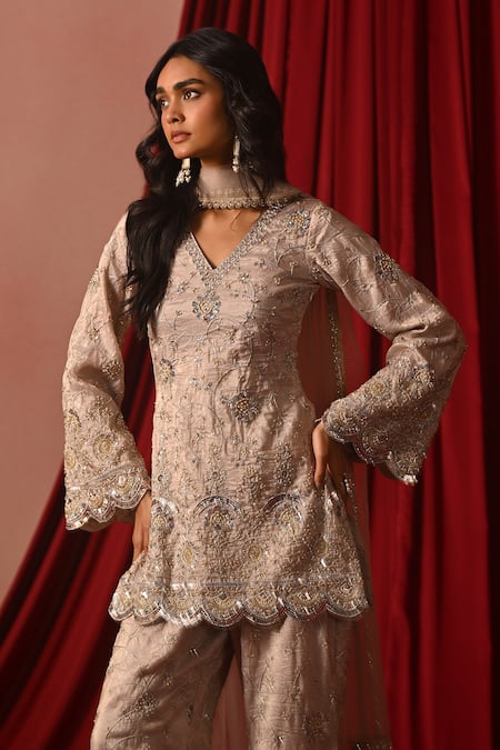 Shop_Lashkaraa_Beige Silk Beads, Sequins, Zari, Embroidery V-neck Tissue Kurta Sharara Set _Online_at_Aza_Fashions