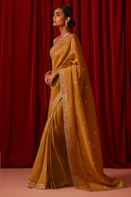 Buy_Lashkaraa_Yellow Tissue Sequins, Zari, Embroidery Square Neck Bordered Saree With Blouse _Online_at_Aza_Fashions