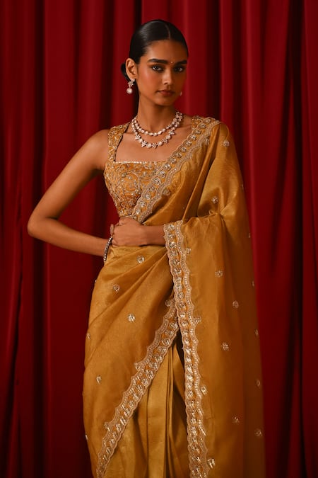 Shop_Lashkaraa_Yellow Tissue Sequins, Zari, Embroidery Square Neck Bordered Saree With Blouse _Online_at_Aza_Fashions
