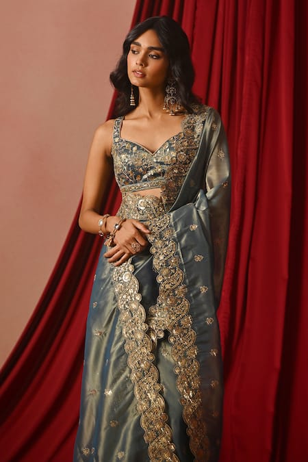 Buy_Lashkaraa_Blue Tissue, Shantoon Sequins, Zari, Embroidery Sweetheart Saree With Blouse _Online_at_Aza_Fashions
