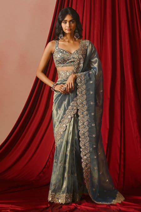 Shop_Lashkaraa_Blue Tissue, Shantoon Sequins, Zari, Embroidery Sweetheart Saree With Blouse _Online_at_Aza_Fashions
