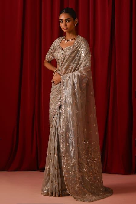 Buy_Lashkaraa_Silver Net Sequins, Zari, Mirrors, Embroidery Sweetheart Neck, Saree With Blouse _Online_at_Aza_Fashions